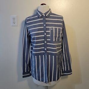 A&F (Women's Small) Cotton Viscose Blue Striped Quarter Button Long Sleeve Shirt